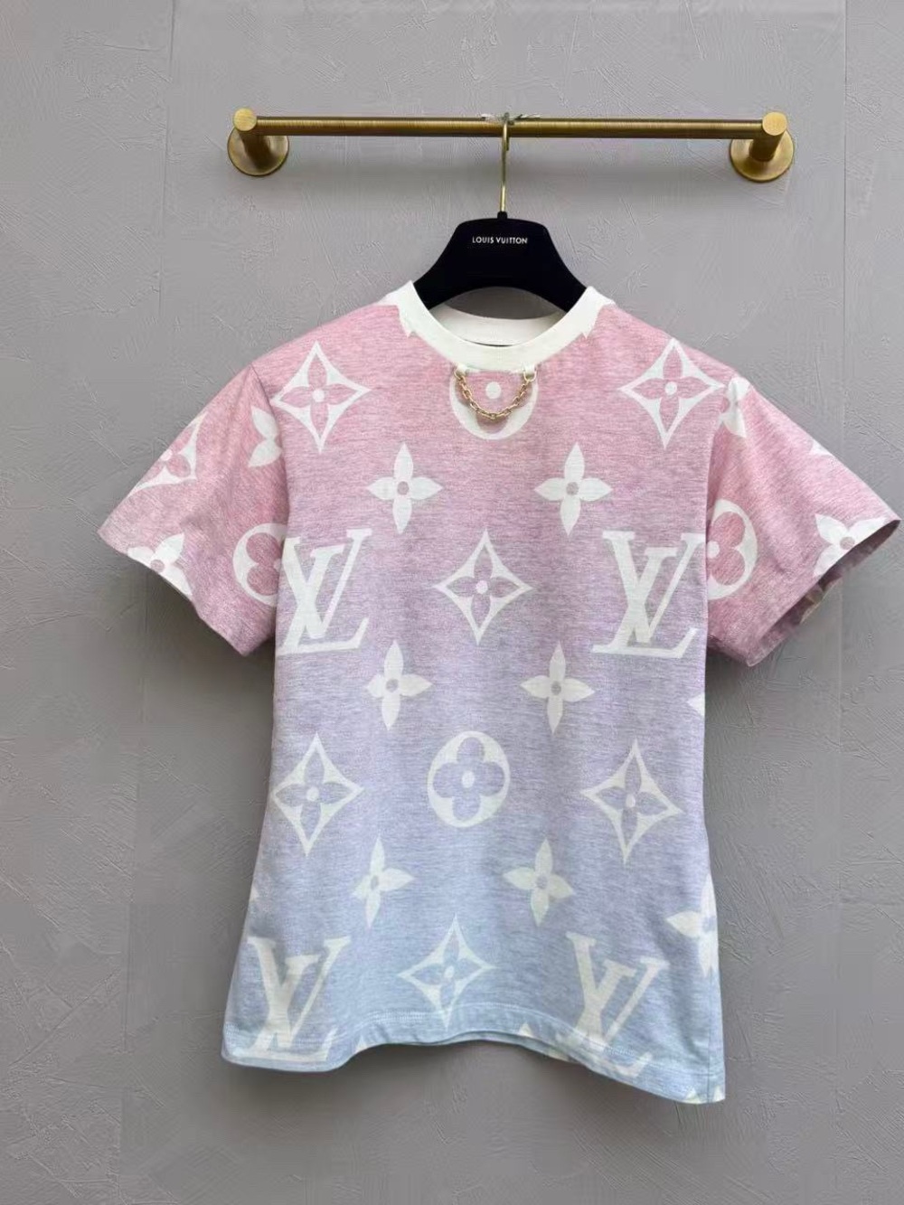 Louis Vuitton Pink and White Monogram Tee with Gold Chain